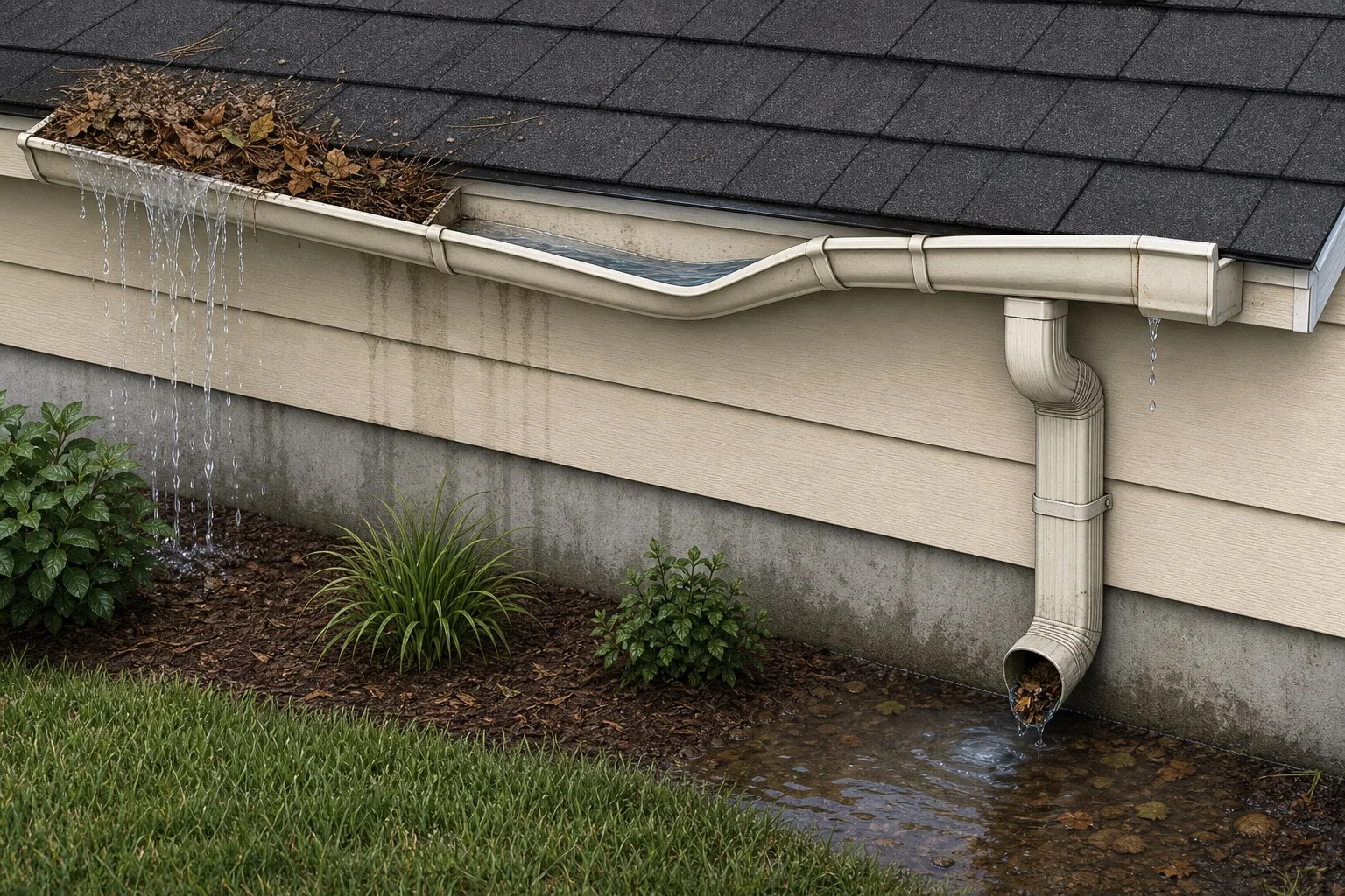 Illustration of a residential gutter with debris, overflow, sagging, leakage, a blocked downspout, and pooled water