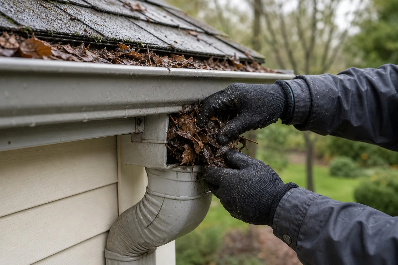 Gloved hands clearing wet leaves from a residential gutter outlet and downspout