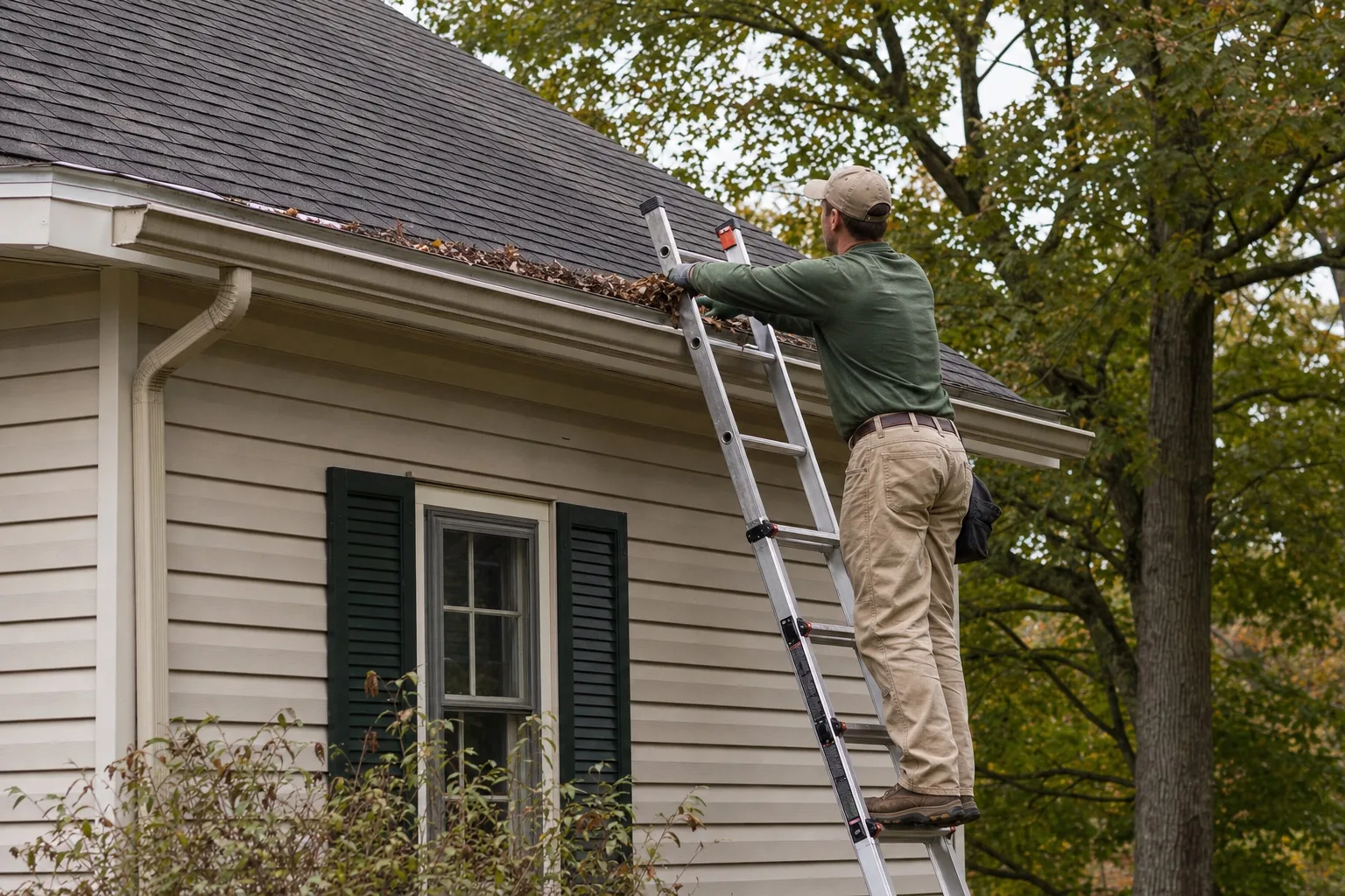 A gutter-cleaning professional clearing leaves from a residential gutter