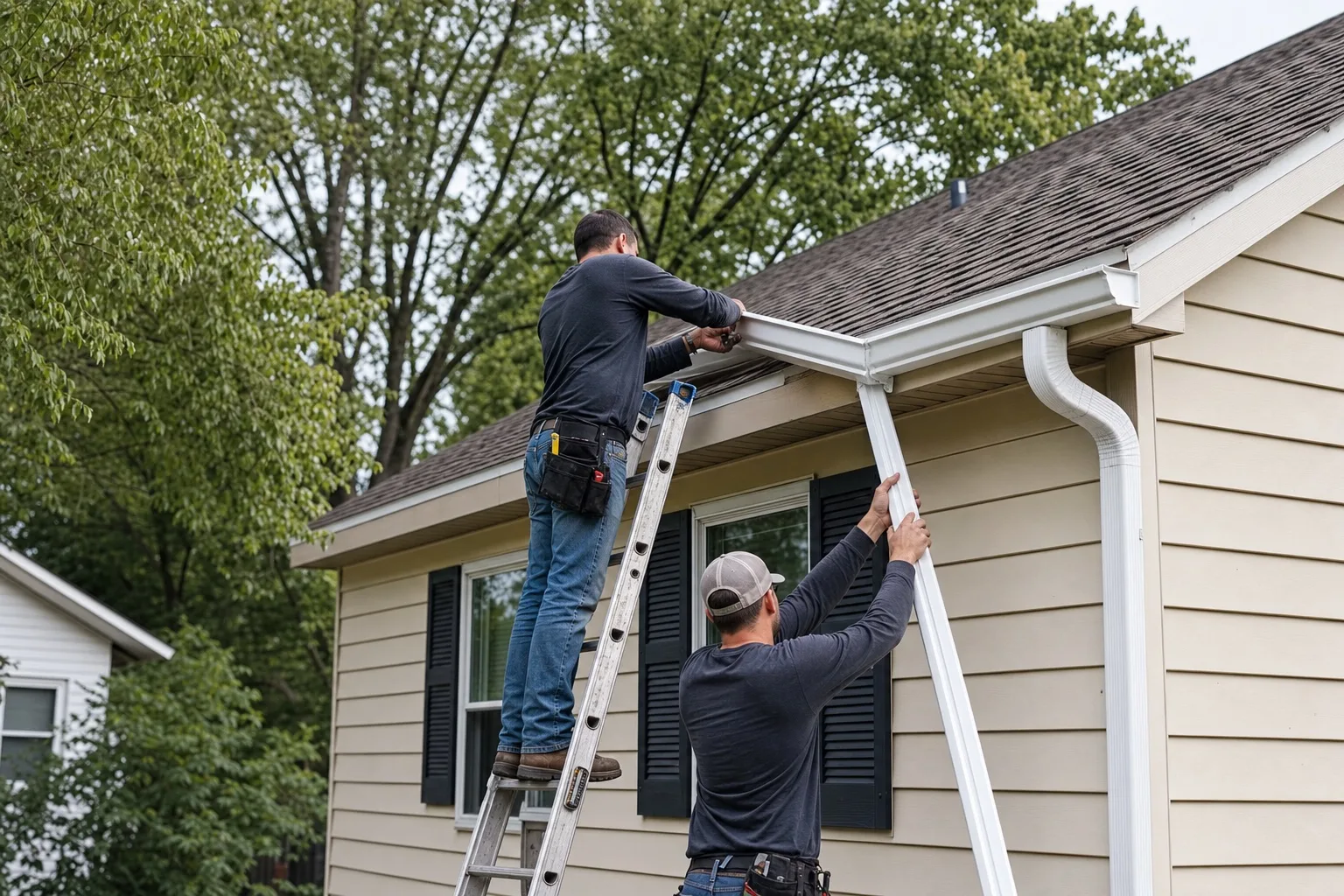 Two gutter professionals aligning a new residential gutter and downspout section