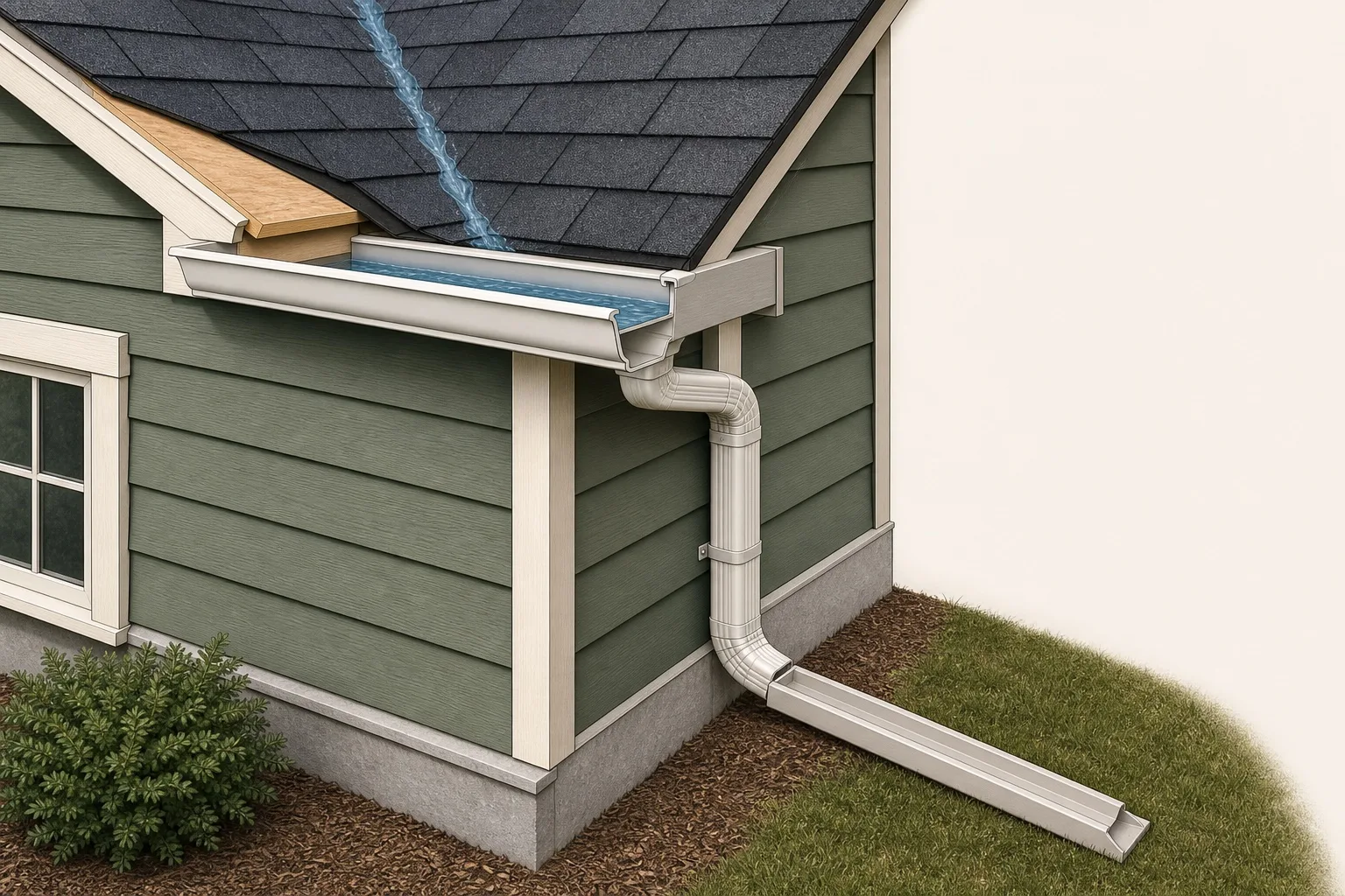 Illustration of a residential roof edge, gutter, downspout, and extension