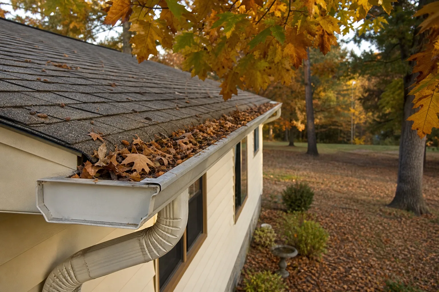 Leaf-covered residential gutters beneath mature trees during seasonal cleanup