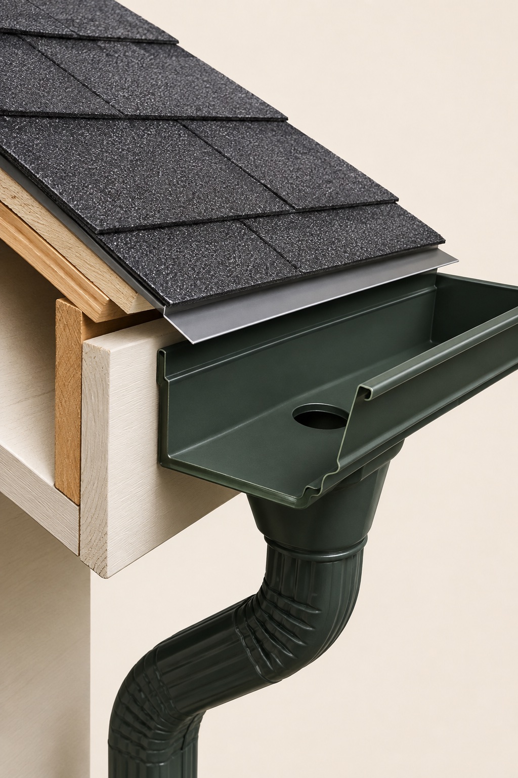 Educational cutaway of an asphalt-shingle roof edge showing the drip edge above a fascia-mounted gutter, with the gutter outlet connected to a downspout.
